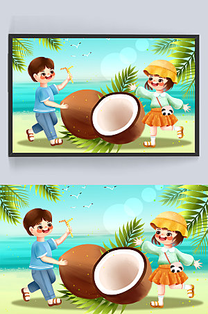 男生女生美味椰子夏季水果插画