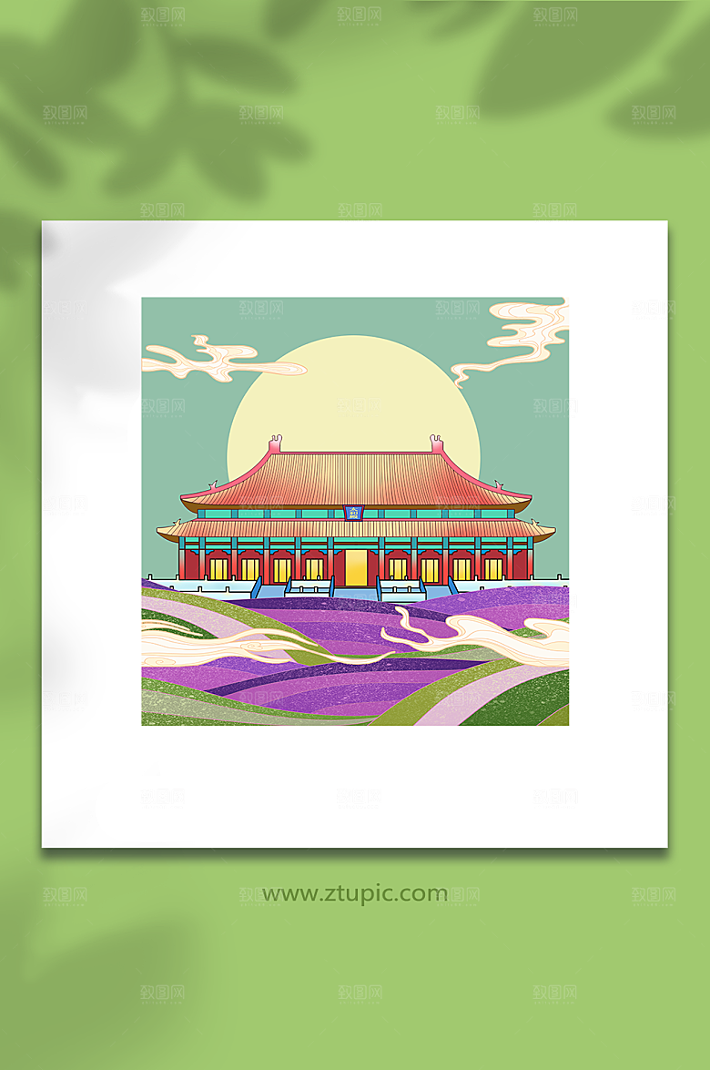 太和殿国潮浅绿色背景插画设计