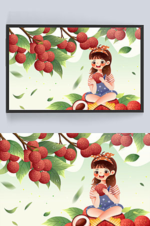 荔枝树与女生夏季水果人物插画