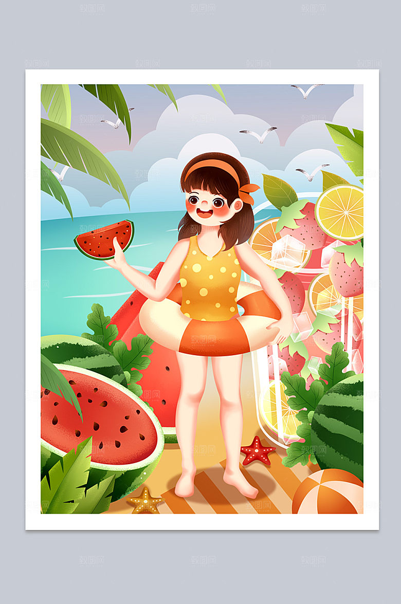 西瓜泳装冰沙水果人物插画