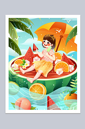 夏季柠檬橙子水果美食插画设计