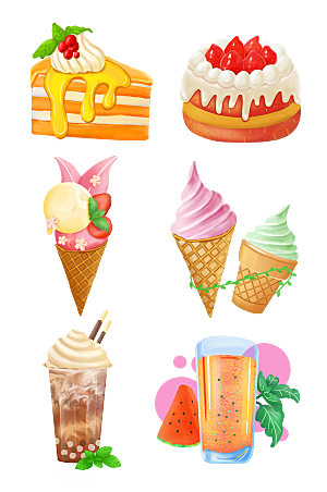 夏季饮品冰激凌果汁蛋糕插画元素