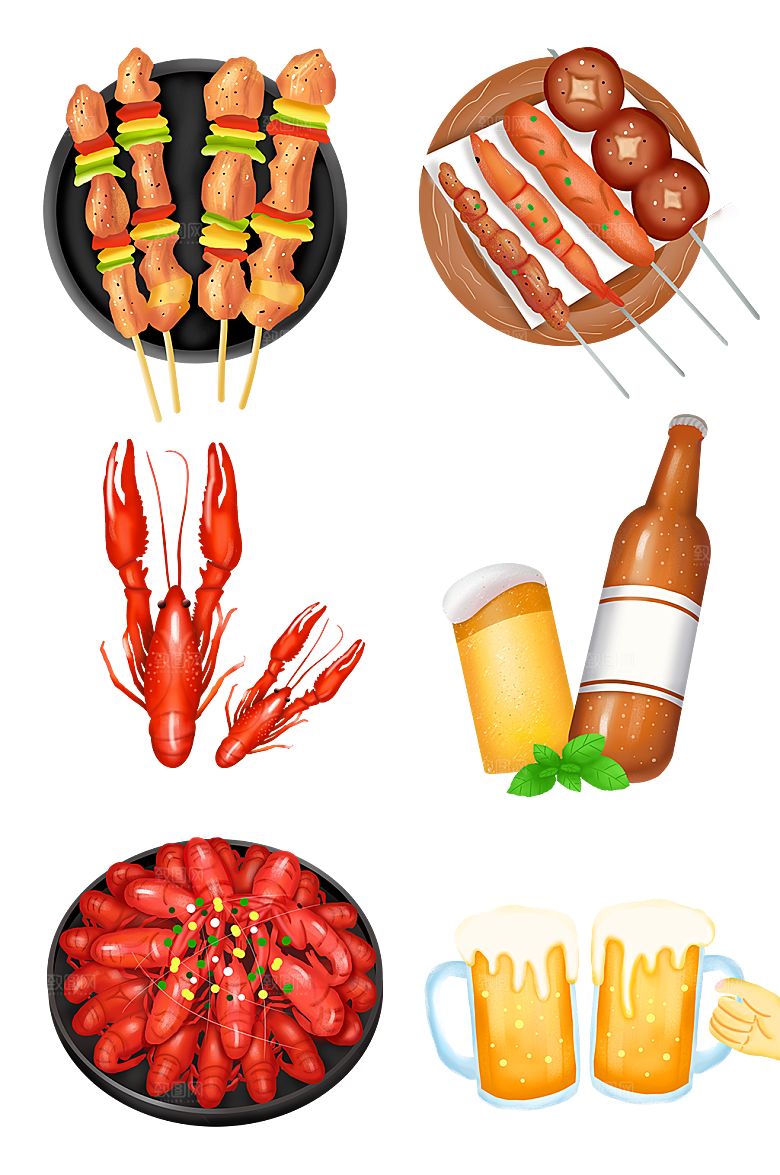 烧烤小龙虾啤酒食品插画元素