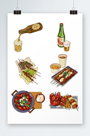 现代龙虾烧烤夏季美食元素插画