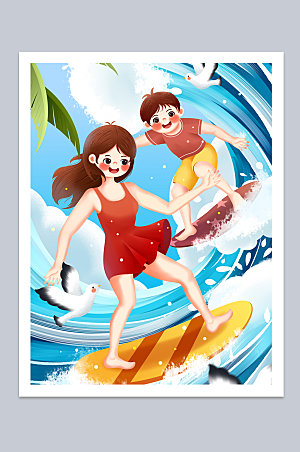 海上冲浪夏季运动人物插画