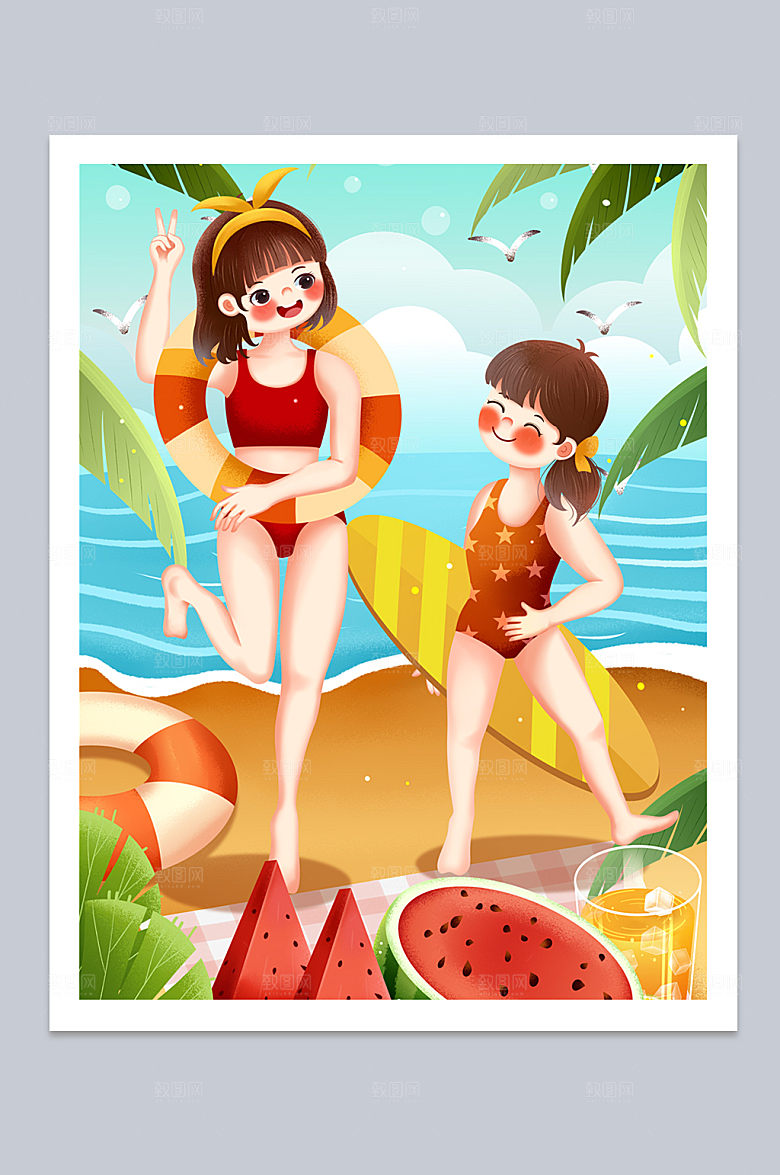 夏季运动游泳冲浪人物插画