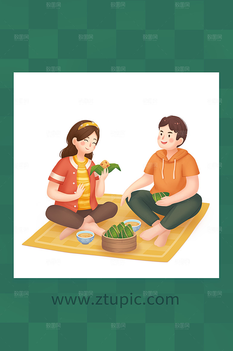 聚餐端午节情侣人物插画设计