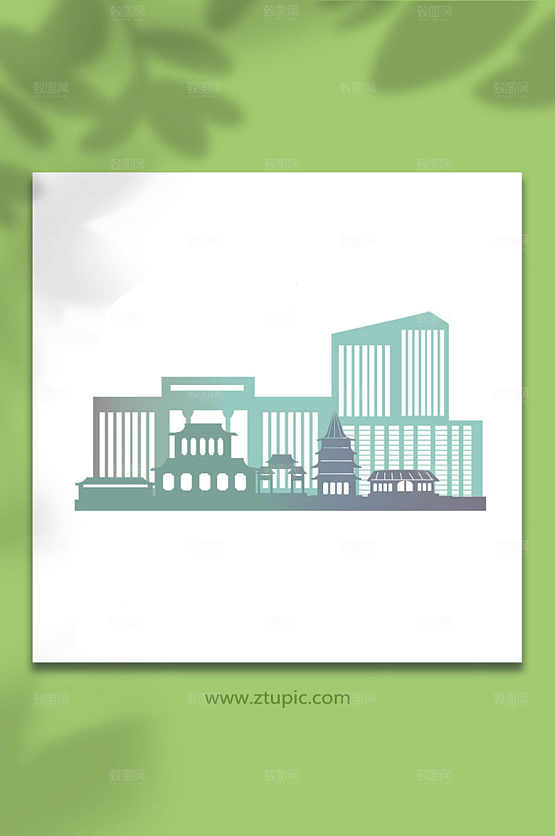 插画绿城市元素色古建筑