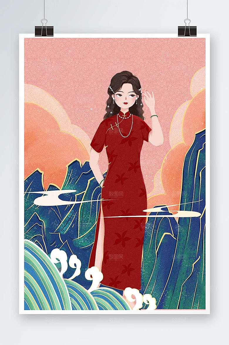 撩发美女国潮人物插画设计