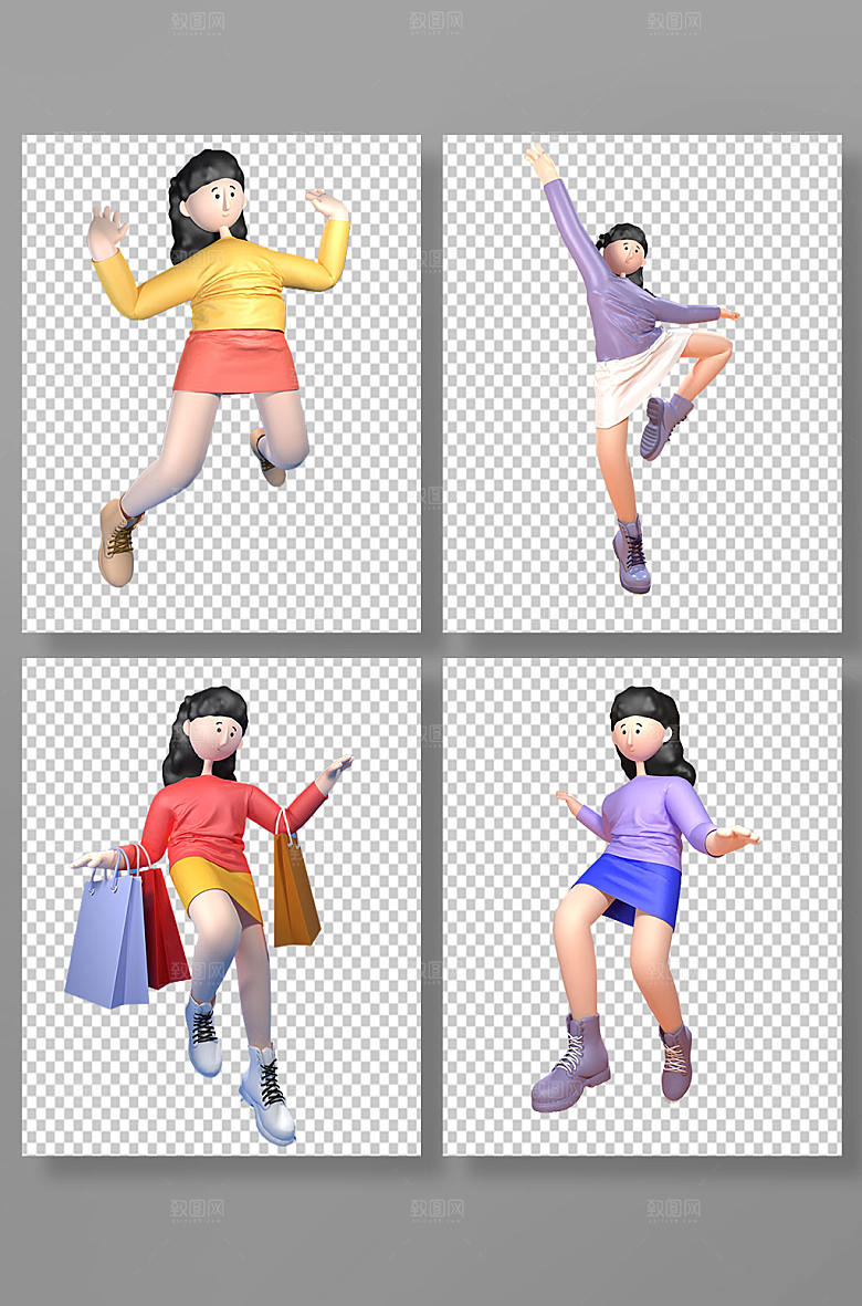 C4D女生动作卡通立体人物模型