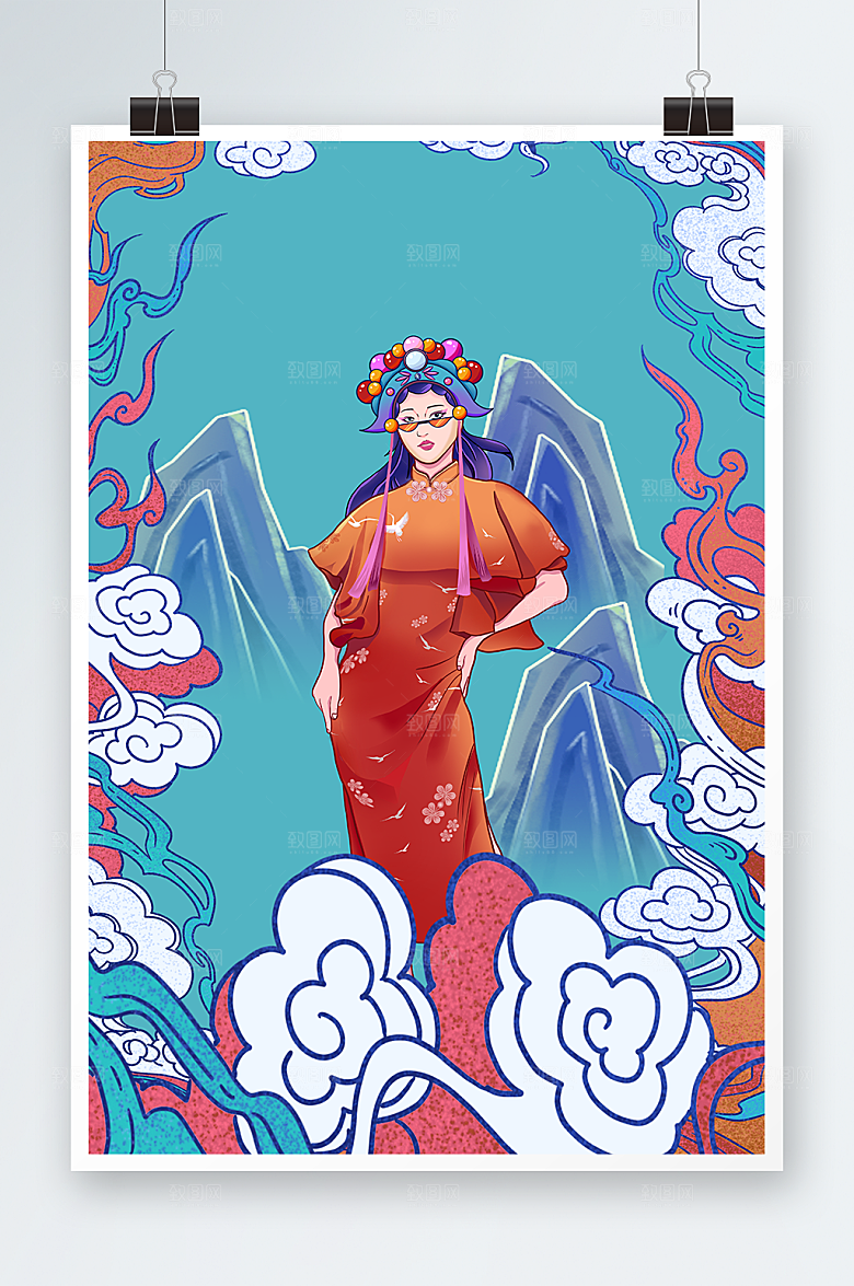 假山祥国潮旗袍凤冠云女性人物插画