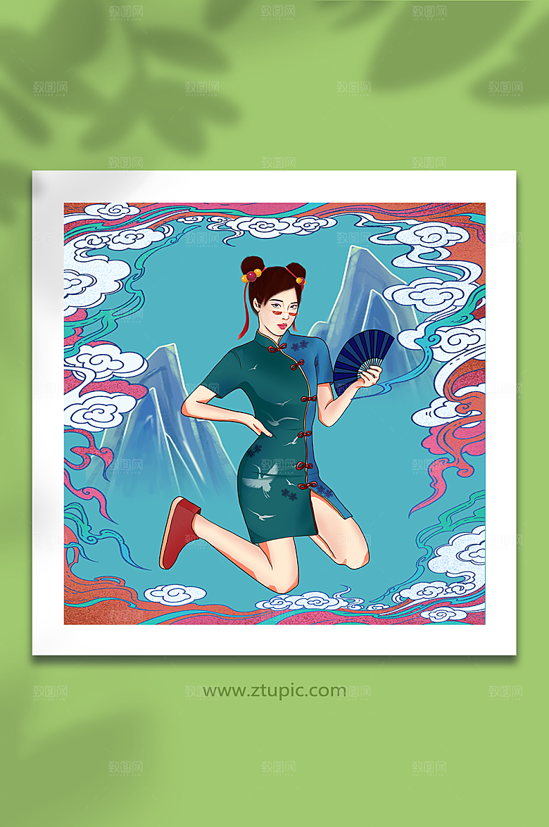 丸子头女性绿色旗袍蓝色背景人物插画