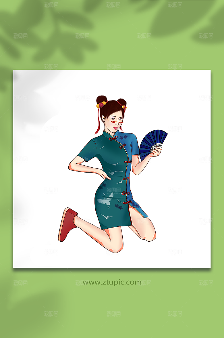 国潮蓝色扇子绿色女生人物元素