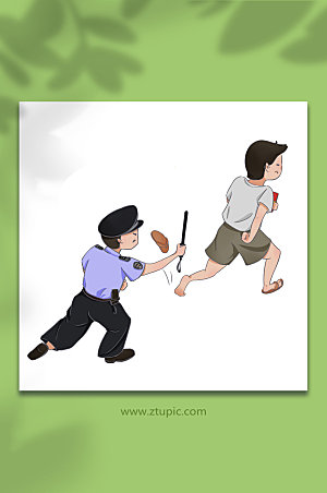 警察拎警棍逃跑小偷插画设计