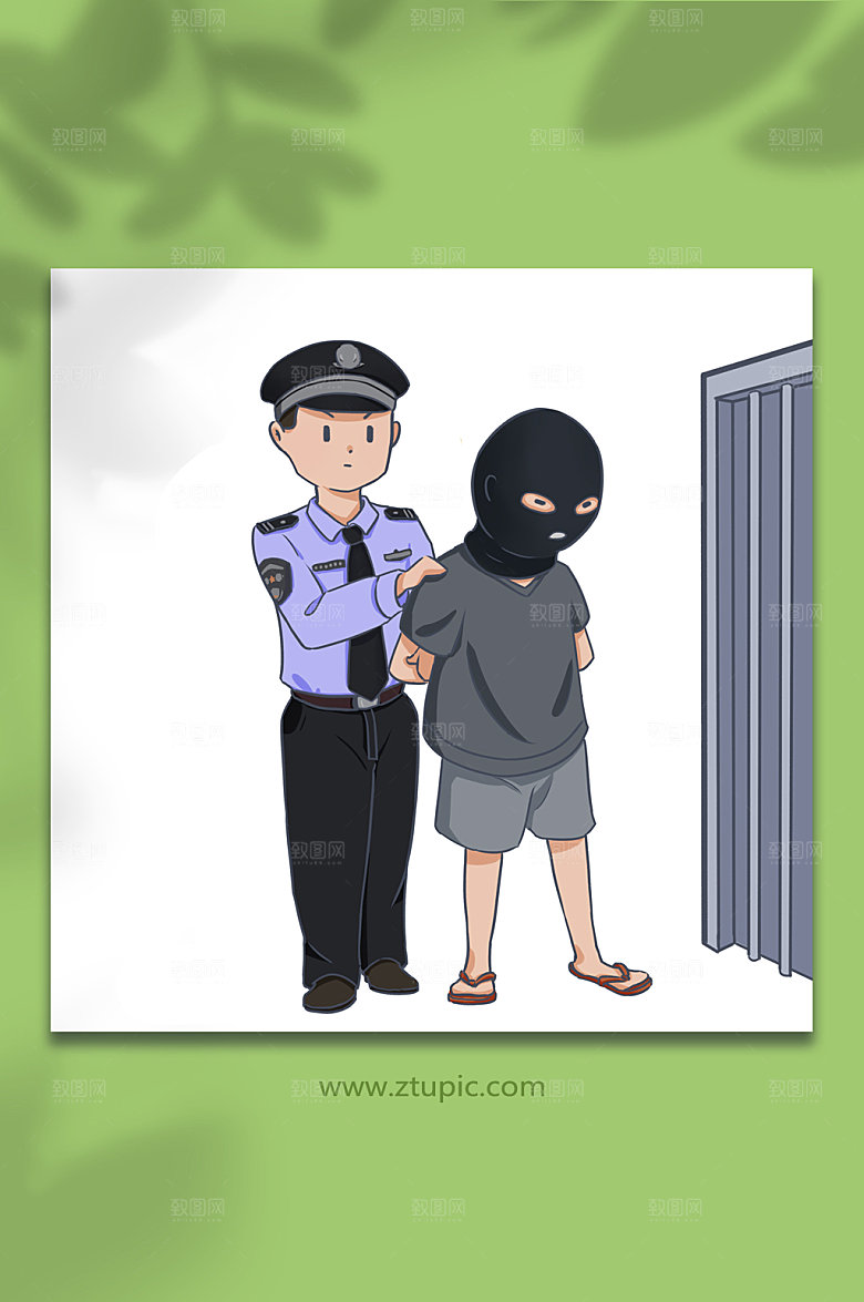 警察逮捕罪犯押进牢房插画设计