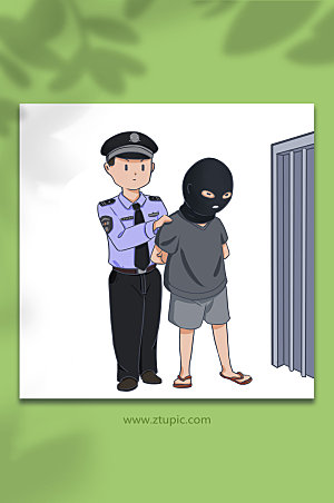 警察逮捕罪犯押进牢房插画设计