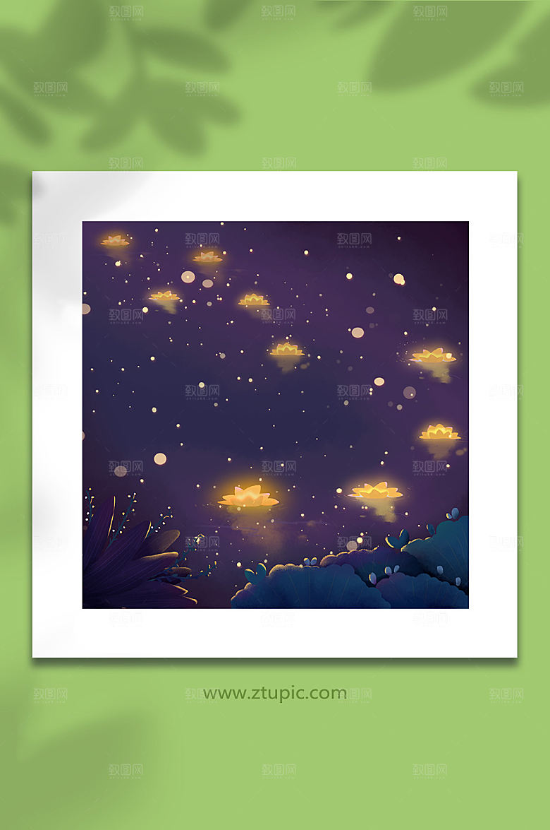 放河灯背景中元节插画元素