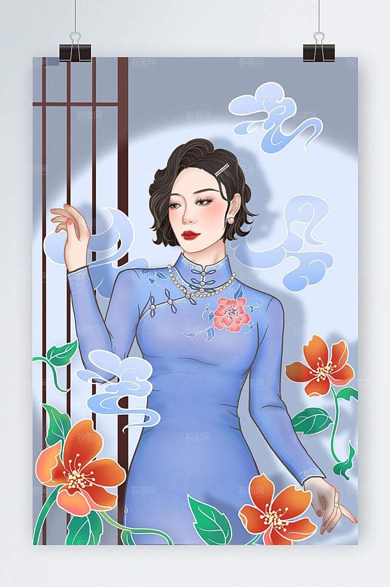 人物元素古风旗袍插画设计