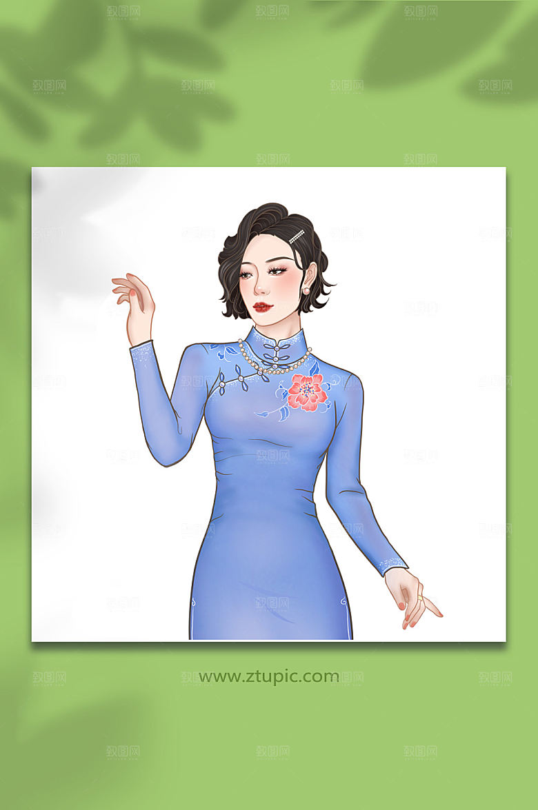 手绘古风旗袍人物元素