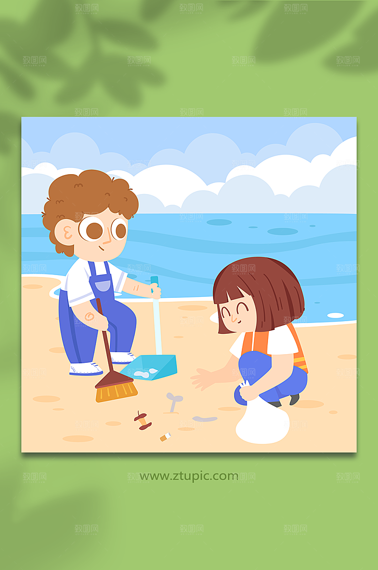 海边垃圾分类人物插画设计