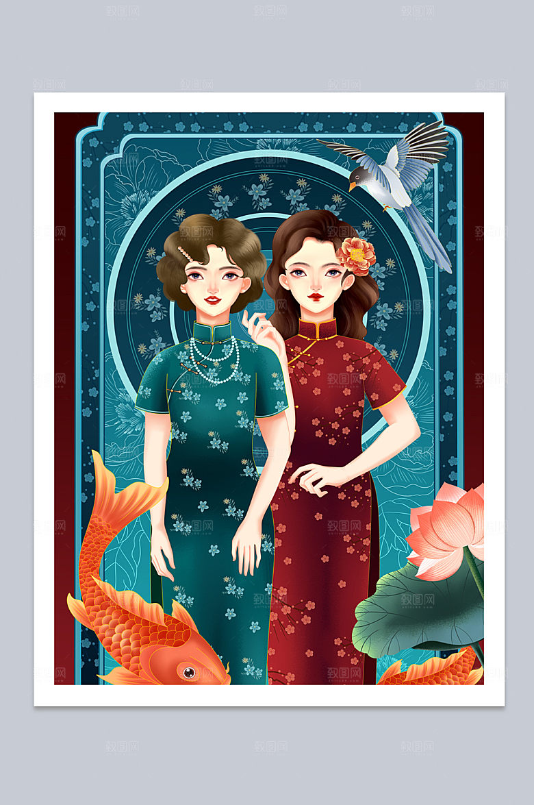 国风旗袍美人时尚国潮人物插画设计