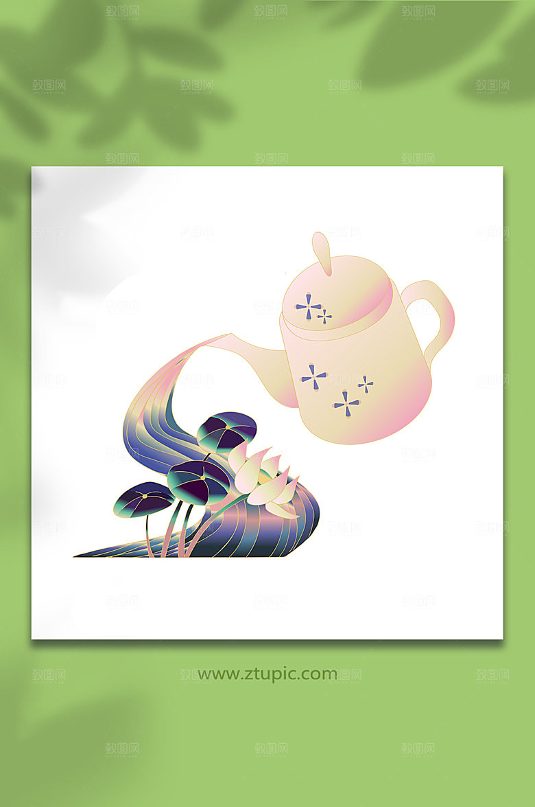 国潮元素茶壶荷花插画设计