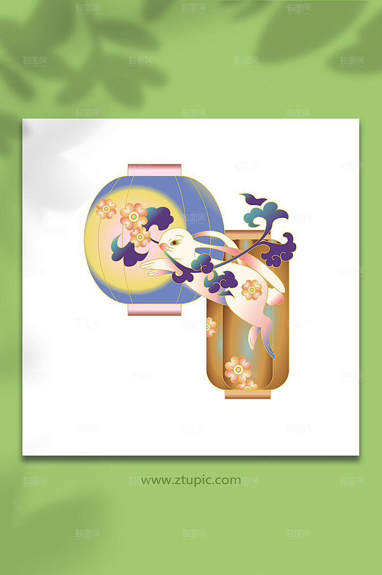 国潮月兔灯笼元素插画设计