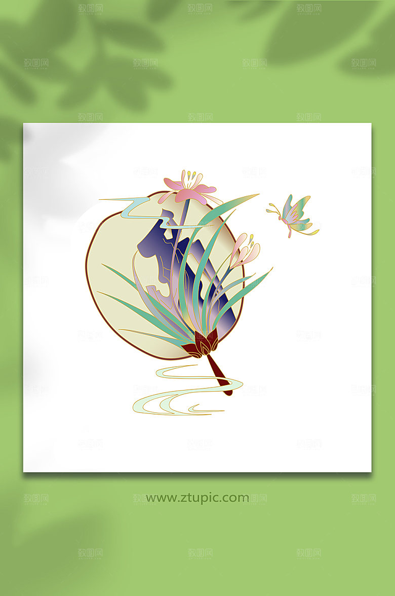国潮兰花扇子元素插画设计