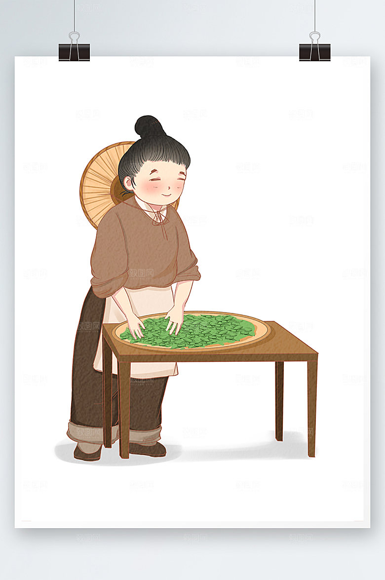 茶文化晒茶插画设计
