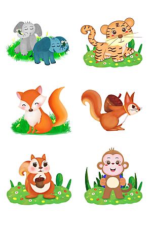 大象老虎狐狸猴插画元素设计