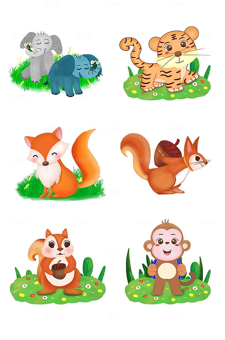 大象老虎狐狸猴插画元素设计