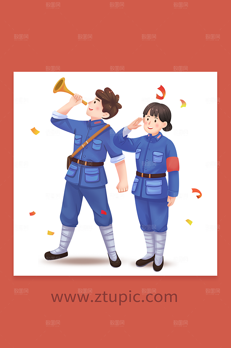 军人七一建党节人物插画设计