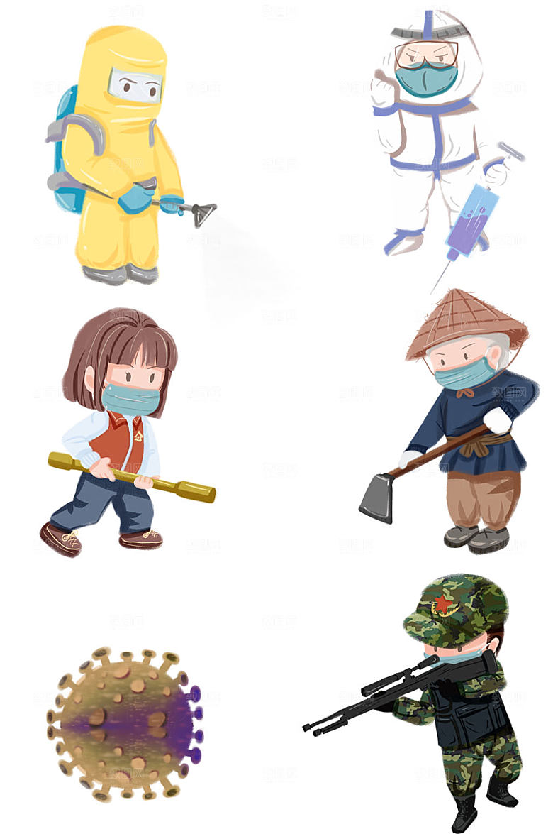 齐心抗疫人物免抠插画