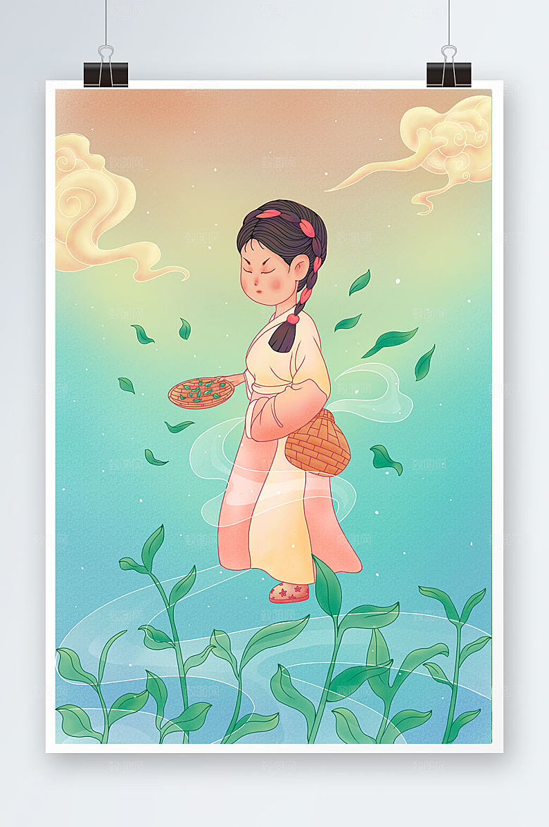 采茶女国潮茶文化插画设计
