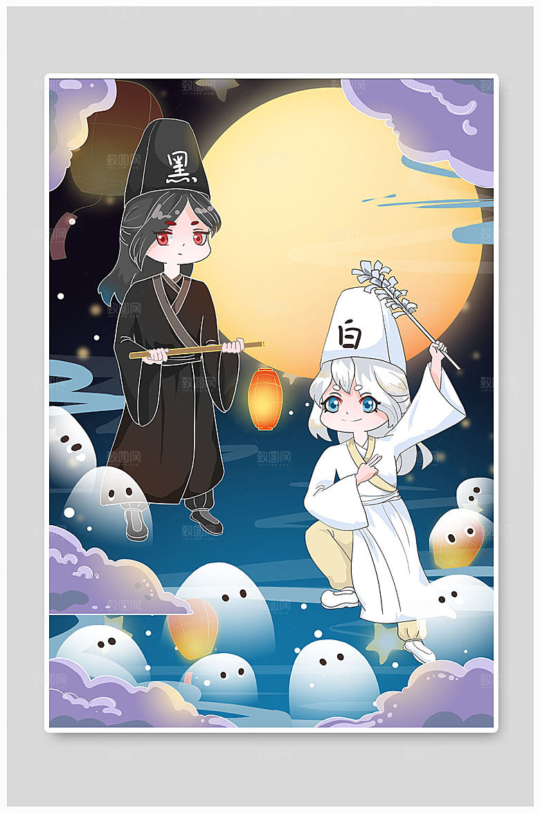 中元节夜晚人物插画设计