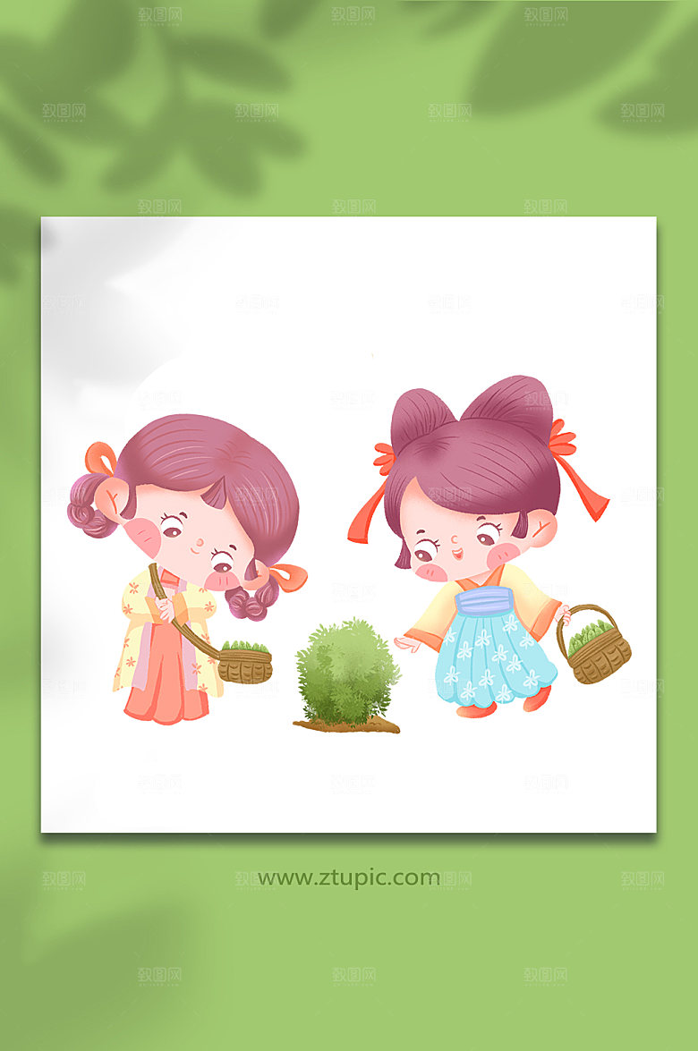 采茶女孩卡通茶文化人物插画