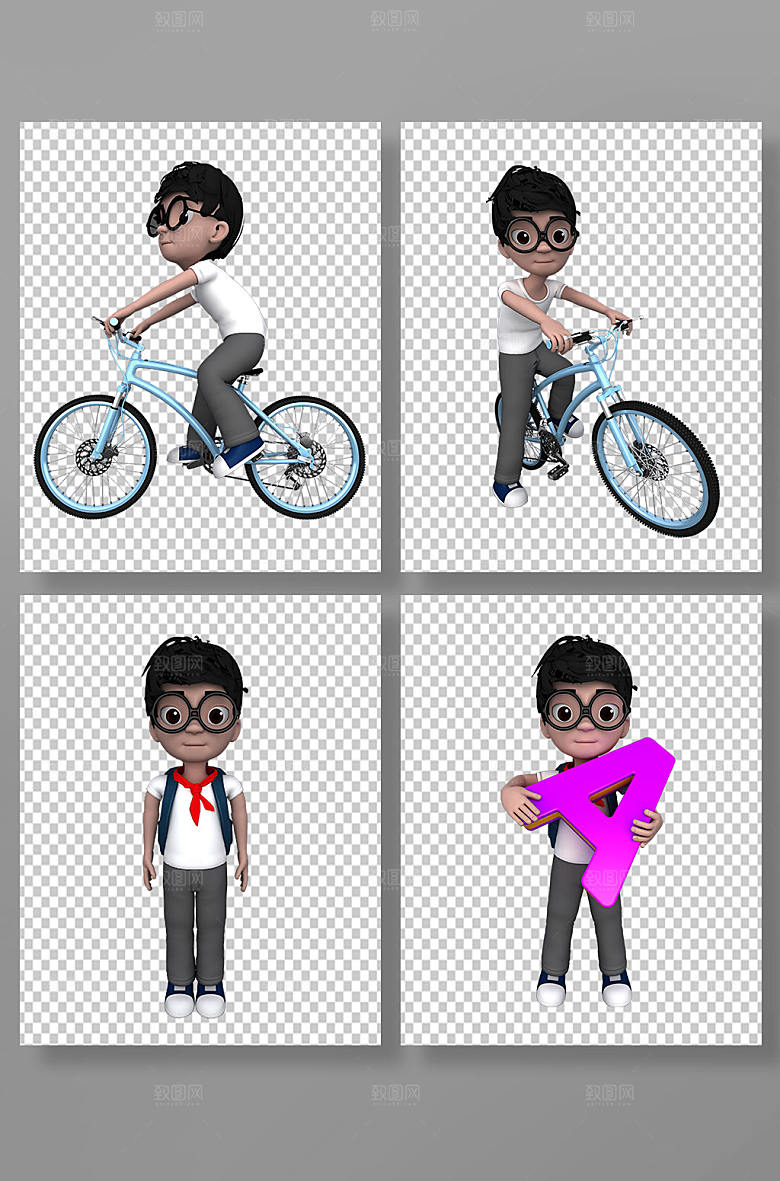 带动作3D小学生人物模型PNG