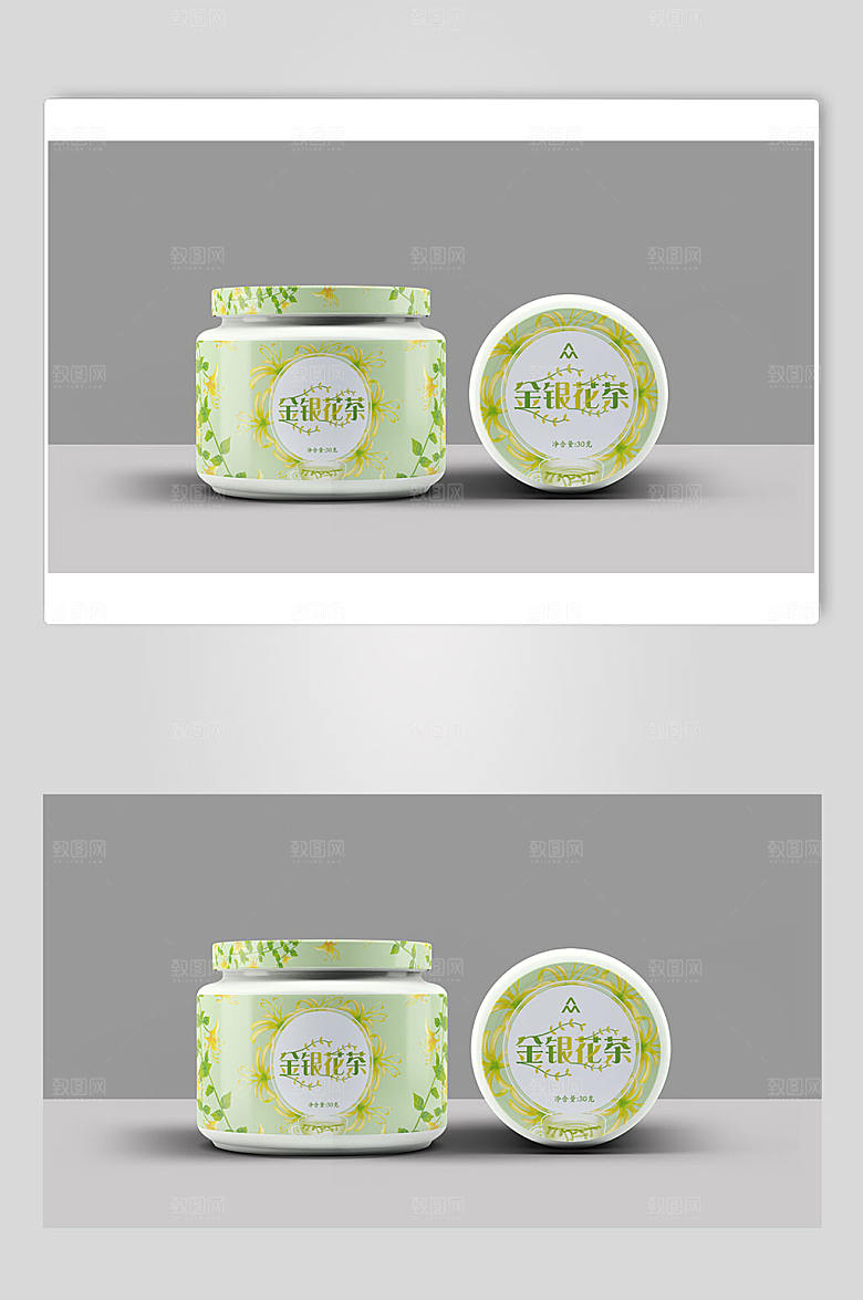 金银花露罐头效果图样机贴图设计