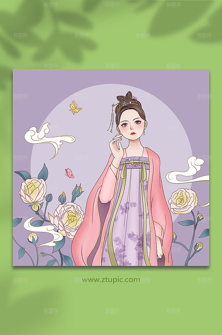 手绘古风汉服元素插画