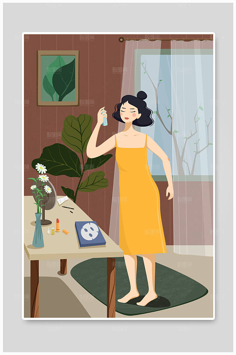 保湿保养妆前化妆人物插画设计