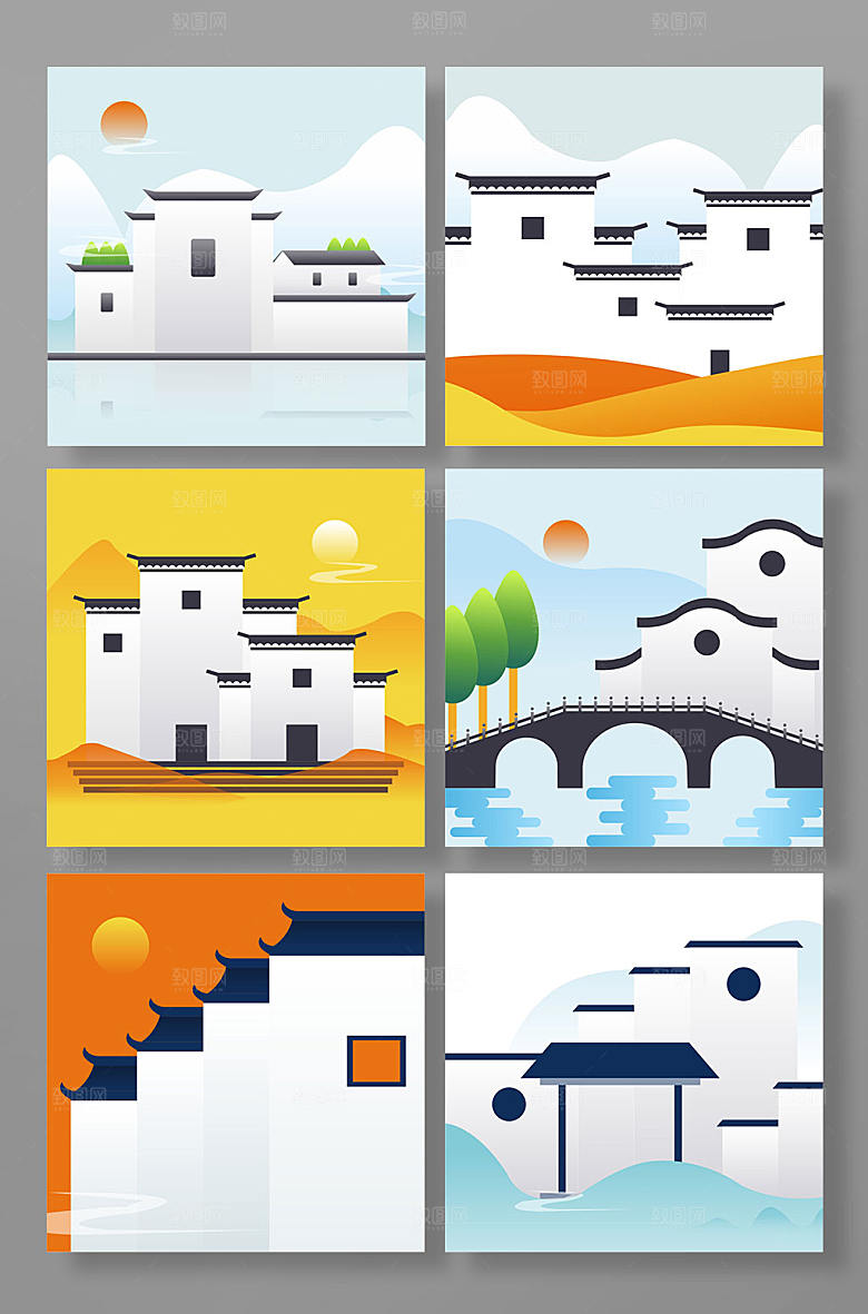 桥洞徽派建筑元素插画设计