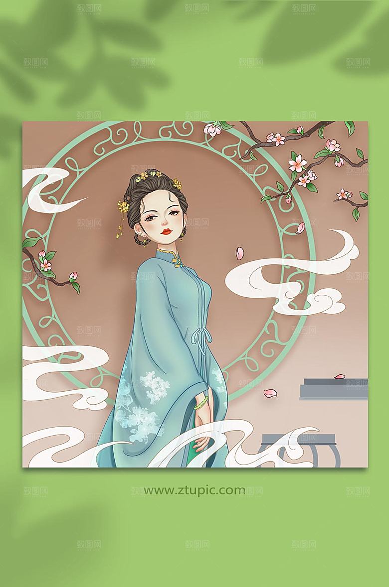 汉服人物复古元素插画设计