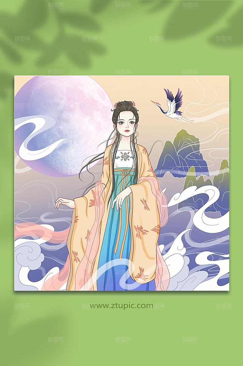 仙鹤手绘古风汉服元素插画设计