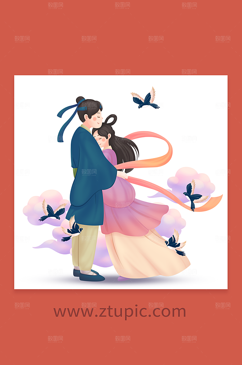 七夕节花好月圆插画设计