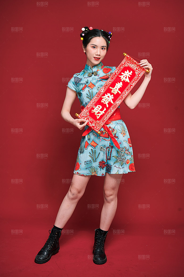 旗袍国潮女生创意对联摄影图