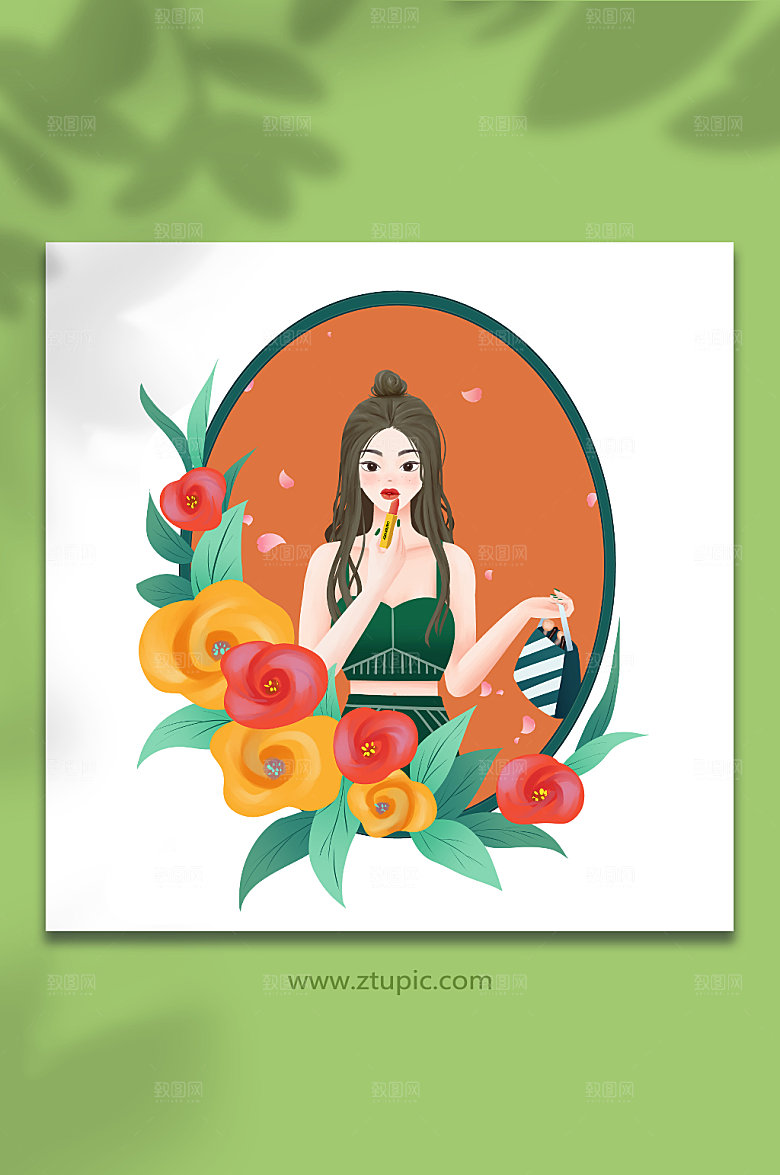 化妆人物红花绿叶镜子美妆插画设计