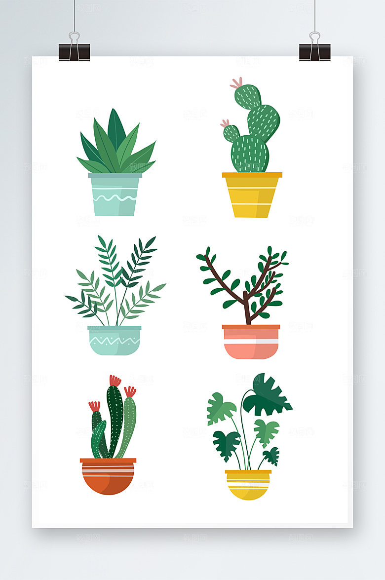 多肉绿色植物盆栽元素插画设计