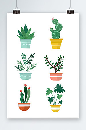 多肉绿色植物盆栽元素插画设计