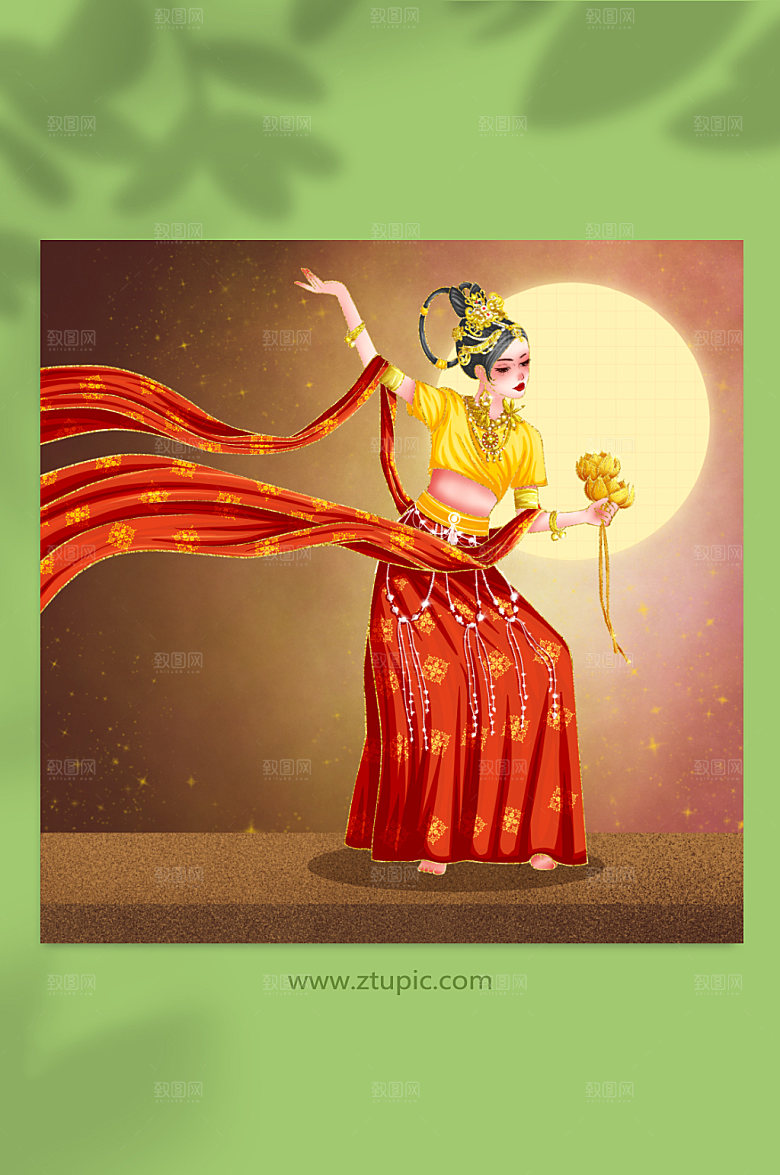 手持莲花敦煌文化插画设计