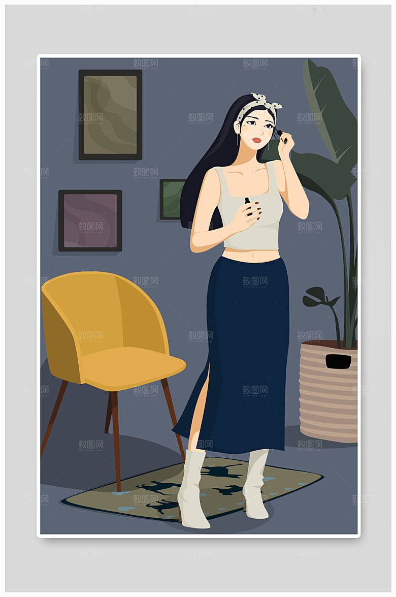 睫毛膏美女全身美妆人物插画设计